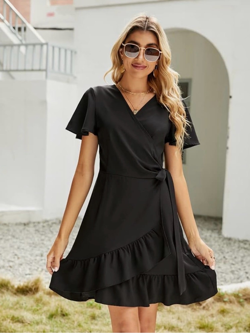 NWT Black Wrap Mini Dress with Flutter Sleeves and Tie Waist, Small